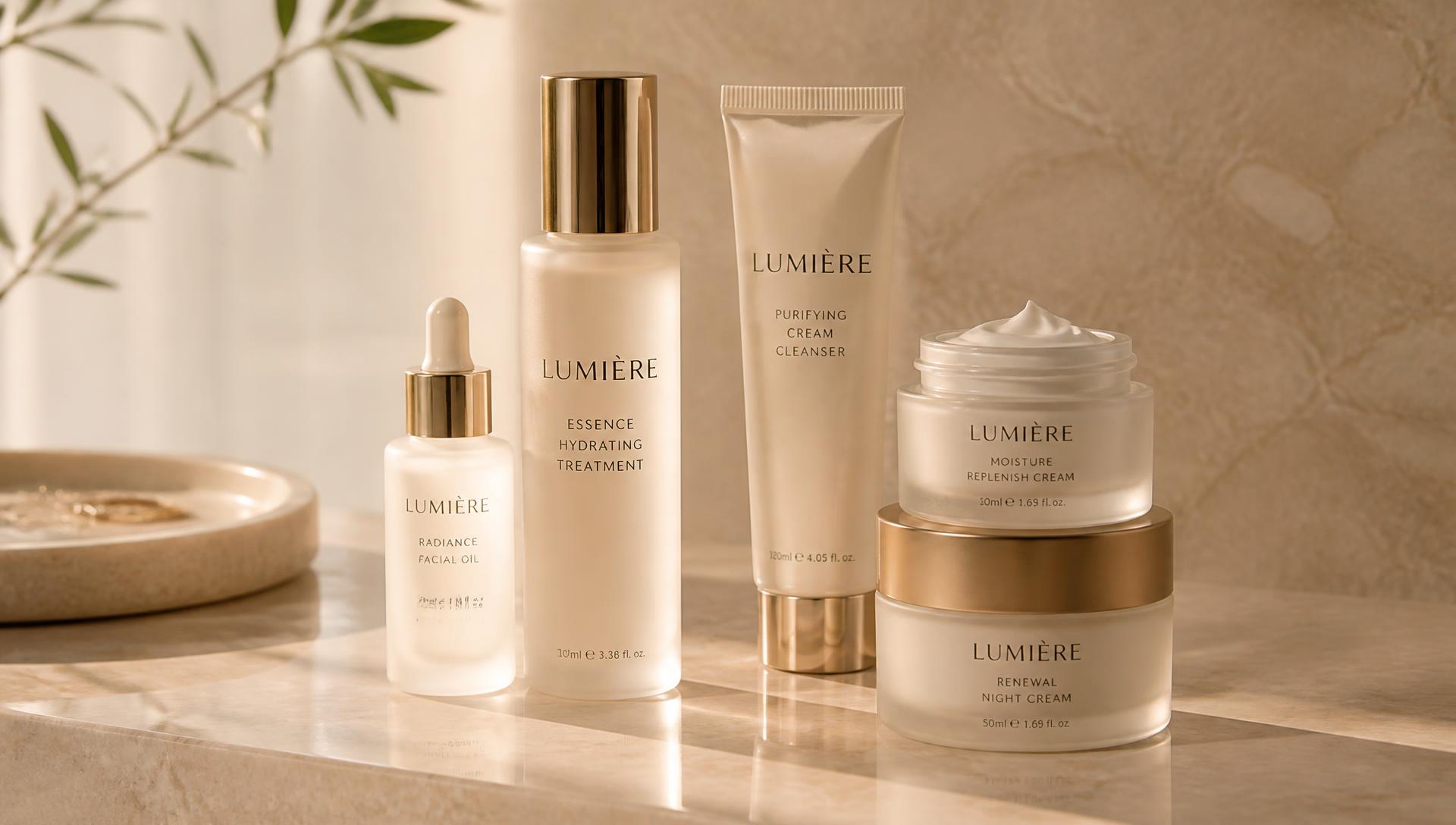 Skin So Soft skincare products arranged on warm marble